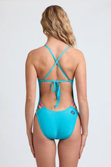 JOLYN Australia, Gavin Tie-back contrast, onesie in the Hawaii Blue colour. Studio image of the back of the onesie.