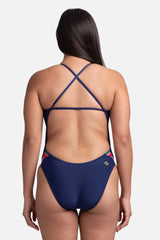JOLYN Australia, Julian contrast, onesie in the navy colour. Studio image of the back of the onesie.