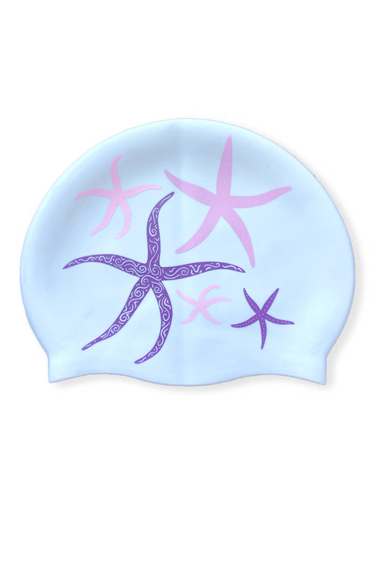 White JAYD Swimwear swim cap featuring purple & pink starfish design.