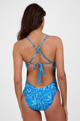 JOLYN Australia, printed athletic onesie in the Canopy print. Model wears the tie-back Jackson onesie