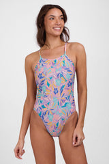 JOLYN Australia, printed athletic onesie in the glow print. Model wears the tie-back Jackson onesie