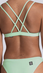 JOLYN Australia, Shara fixed back top in the colour mint. Close up of the back of the bikini top