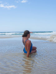 Back view of the double-strapped Finley One Piece Athletic Swimsuit in Nordic Blue, by JAYD Swimwear.