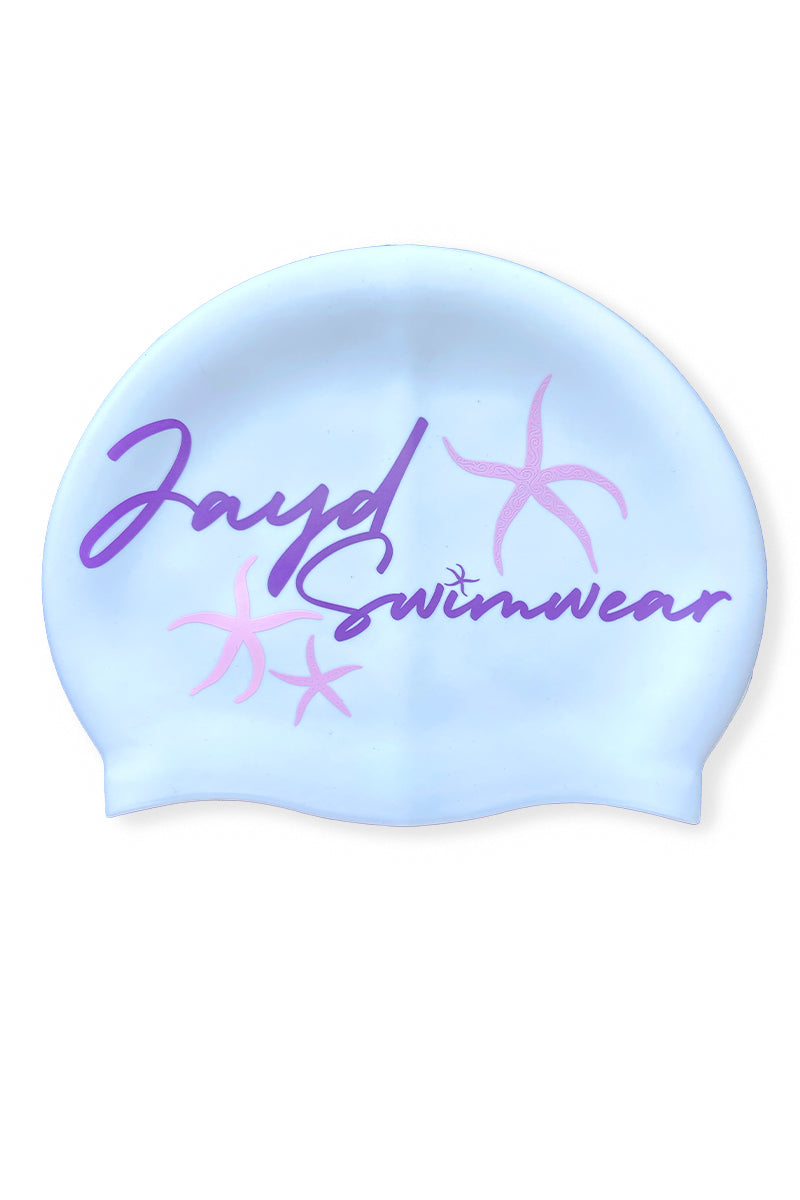 White swim cap with JAYD Swimwear in purple text and pink starfish. 