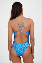 JOLYN Australia, printed athletic onesie in the Canopy print. Model wears the fixed back Perry onesie 