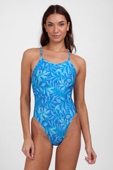 JOLYN Australia, printed athletic onesie in the Canopy print. Model wears the fixed back Perry onesie 