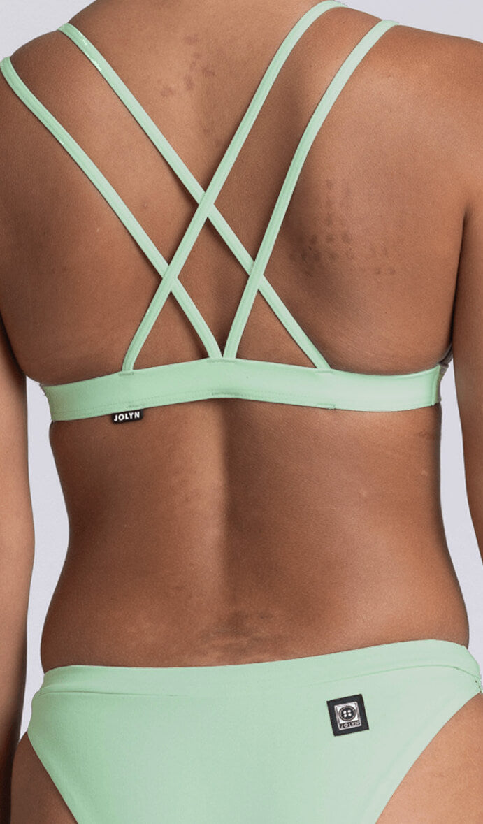 JOLYN Australia, Shara fixed back top in the colour mint. Close up of the back of the bikini top