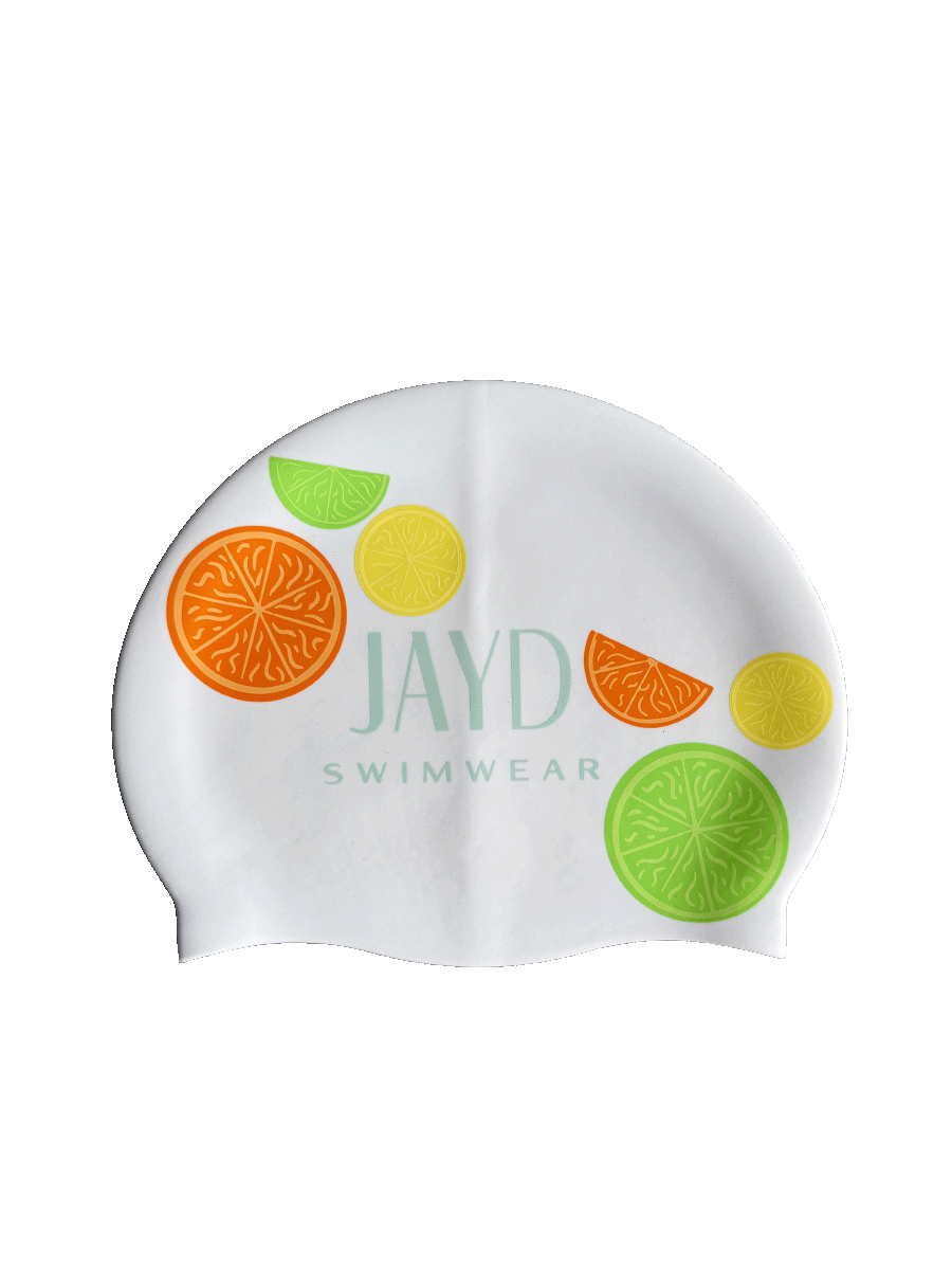 Squeeze some fun into your next swim session with this vibrant, zesty double sided JAYD Swim Cap, complete with orange, green and yellow citrus segments.