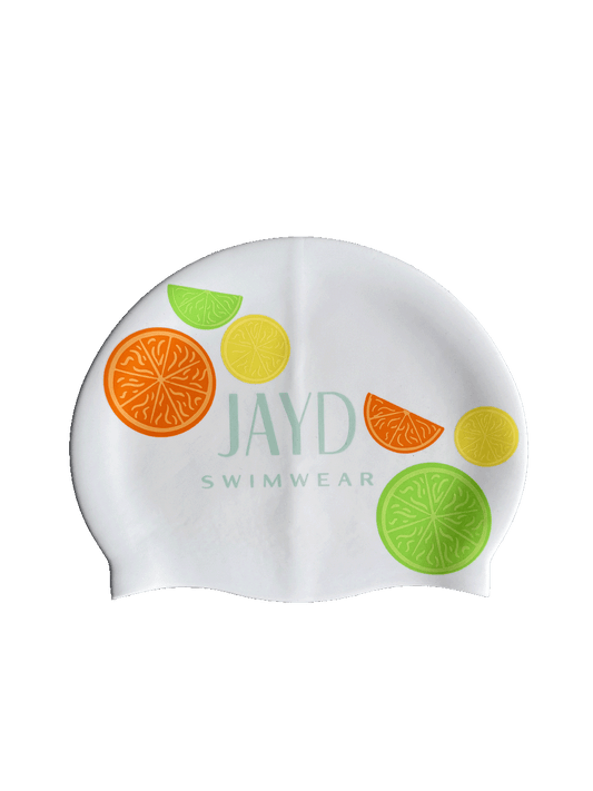 Squeeze some fun into your next swim session with this vibrant, zesty double sided JAYD Swim Cap, complete with orange, green and yellow citrus segments.