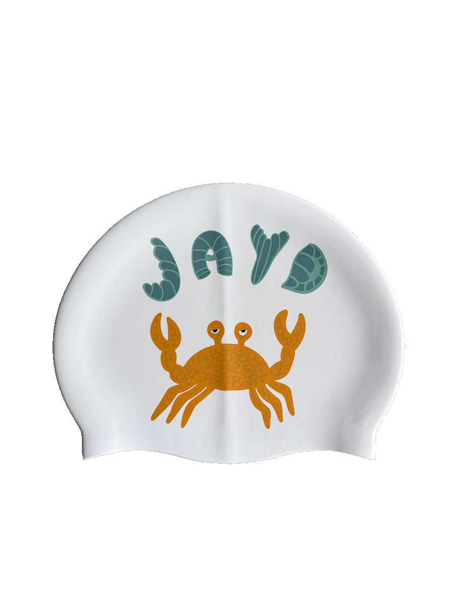 Dive into your next swim with a splash of attitude in this fun double sided JAYD Swim Cap featuring a little orange crab, playfully juggling a cluster of green JAYD Swimwear shells.